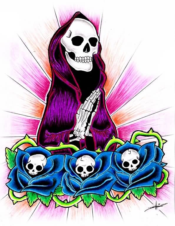 Multicolor death praying oves skull rose buds tattoo design