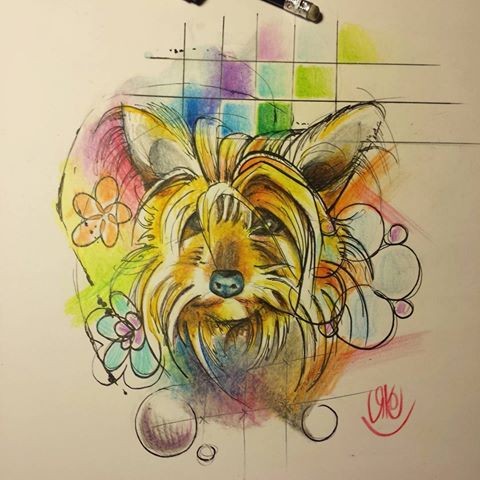 Multicolor detailed fluffy dog face tattoo design