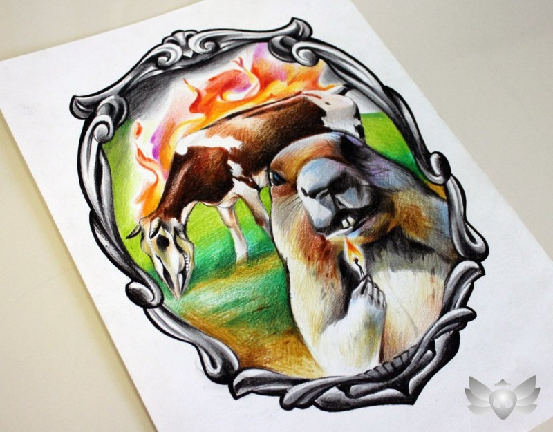 Multicolor evil rodent with match and burning cow in mirror frame tattoo design by Malimalia