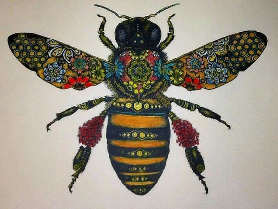 Multicolor floral-patterned bee tattoo design