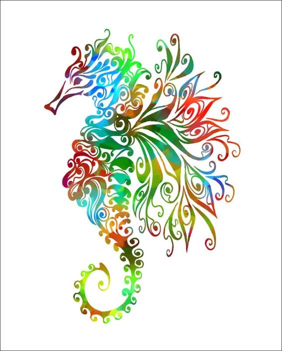Multicolor floral-printed seahorse with giant mane tattoo design