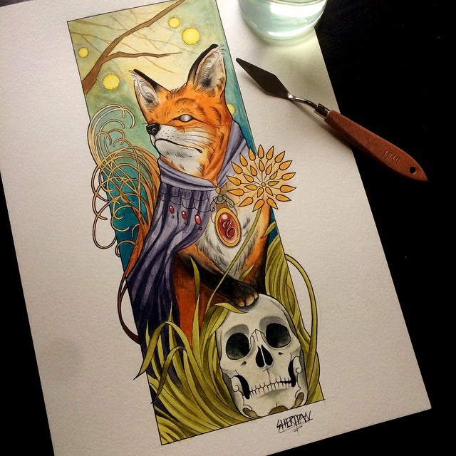 Multicolor fox lord standing on human skull tattoo design