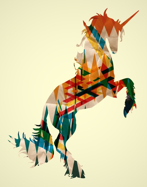 Multicolor geometric-patterned unicorn standing on hindquarters tattoo design