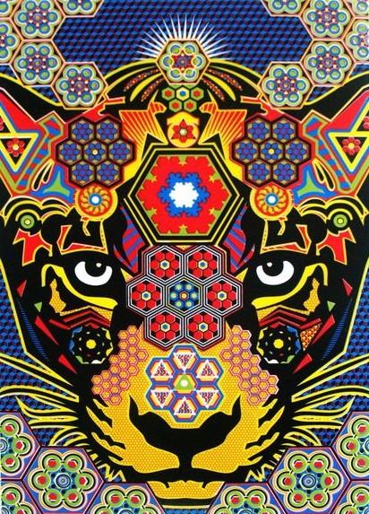 Multicolor geometric-printed jaguar head tattoo design