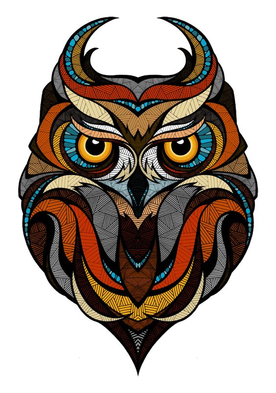 Multicolor geometric owl head tattoo design