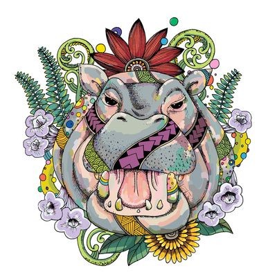 Multicolor hippo face with flower decorations tattoo design
