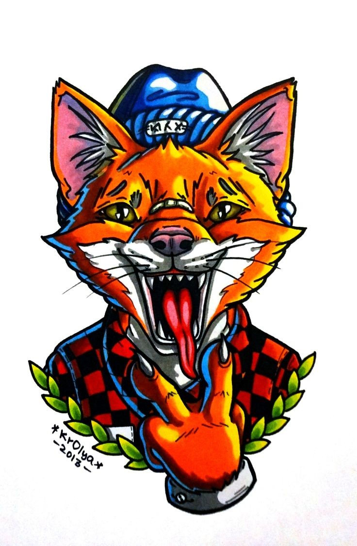 Multicolor hipster fox in cap tattoo design