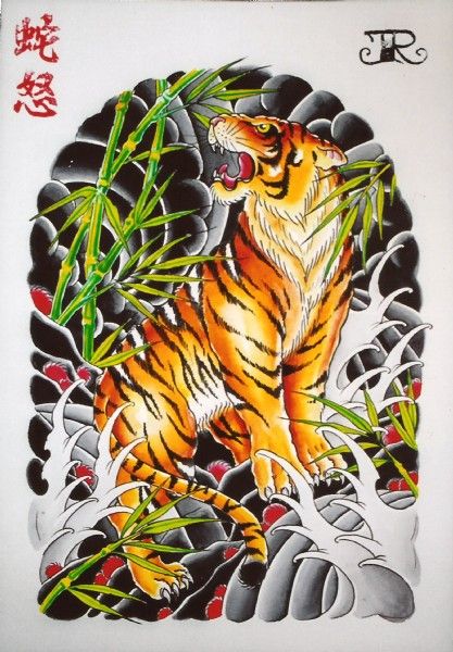 Multicolor japanese-style tiger tattoo design on back
