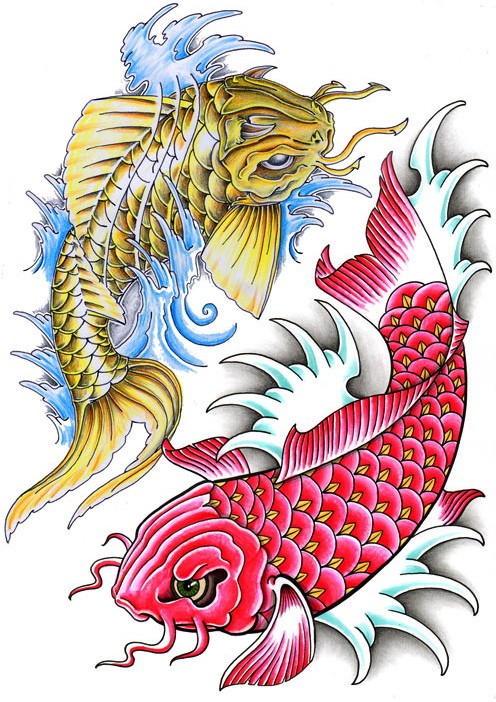 Multicolor koi fish couple tattoo design