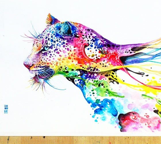 Multicolor leopard with watercolor smudges tattoo design