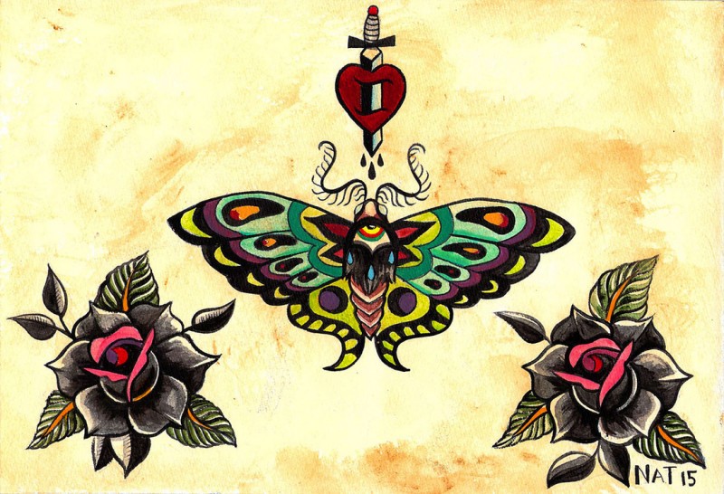 Multicolor moth with roses and pierced heart in old school style tattoo design