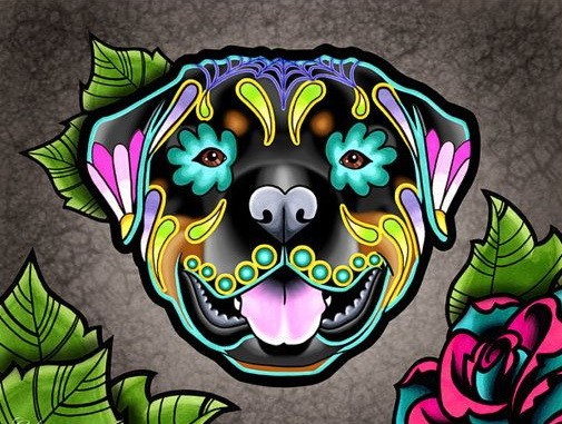 Multicolor muerte rottweiler face tattoo design