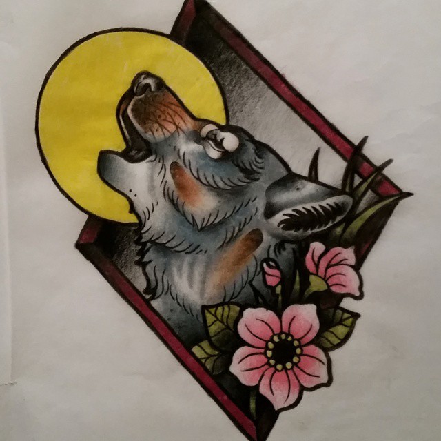 Multicolor new school howling wolf in rhombus frame tattoo design