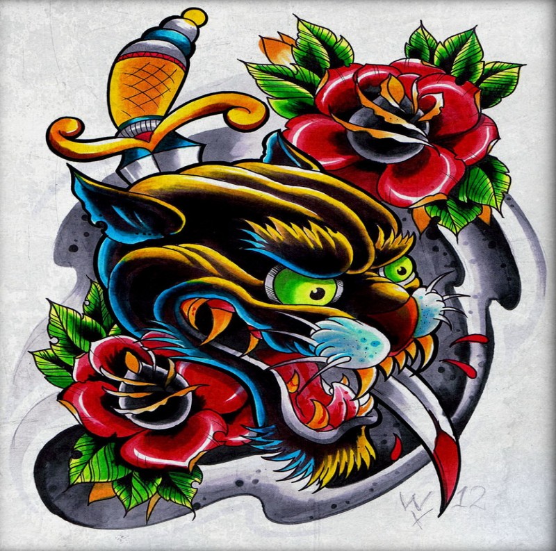 Multicolor new school panther with gold-handle dagger and roses tattoo design