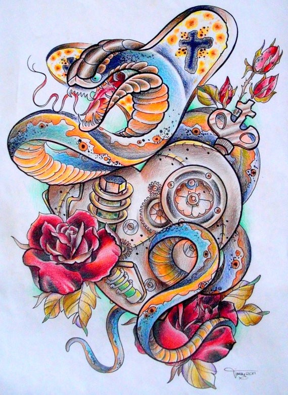 Multicolor new school snake with roses and mechanical heart tattoo design