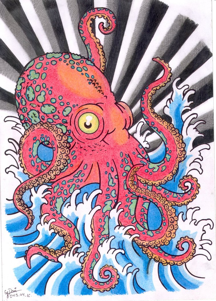 Multicolor octopus tattoo design in chinese style by Brianjones90