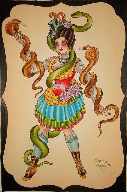 Multicolor old school circus girl playing with snake tattoo design