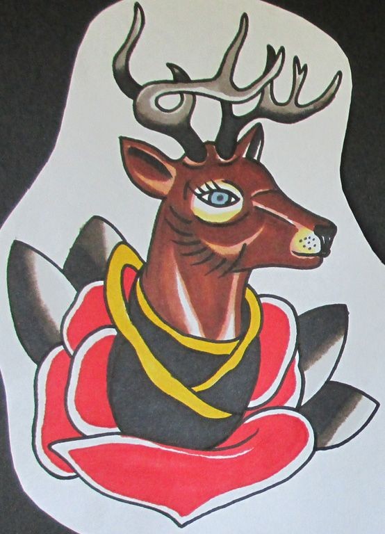 Multicolor old school deer looking out of rose bud tattoo design