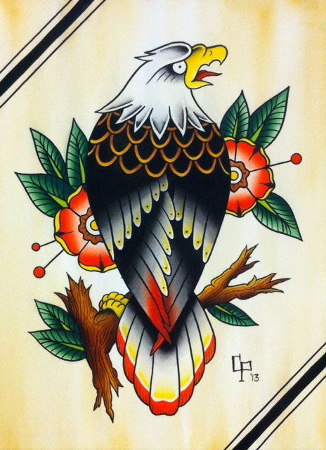 Multicolor old school eagle and flowers tattoo design