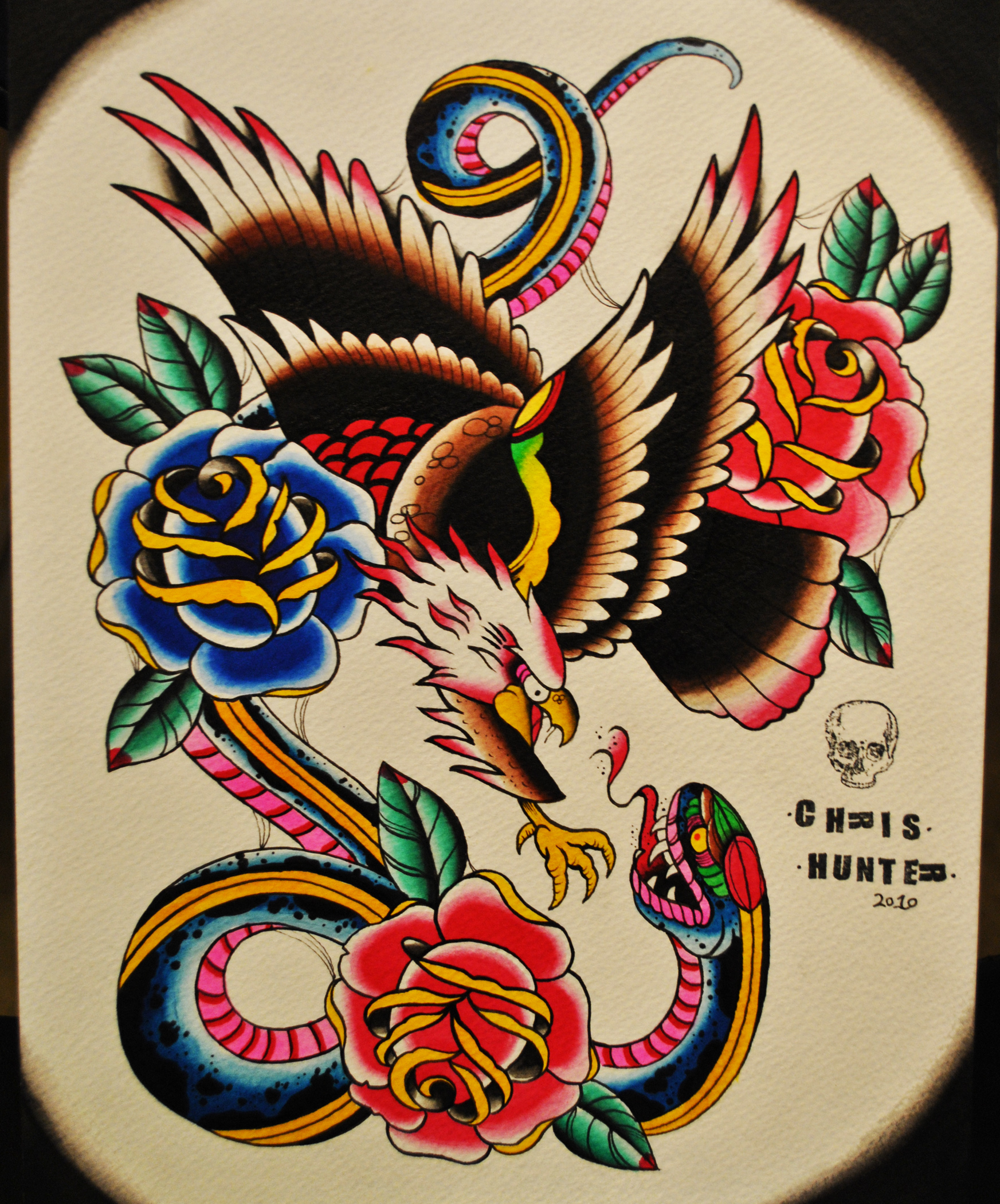 Multicolor old school eagle and snake battle surrounded with roses tattoo design