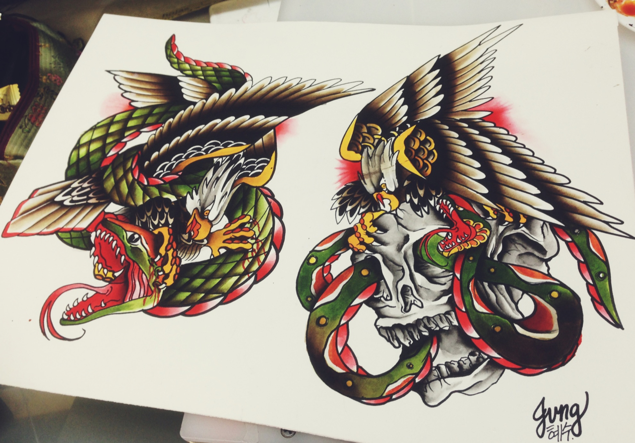 Multicolor old school eagle and snake tattoo design