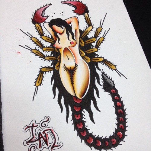 Multicolor old school scorpion with naked girl on shell tattoo design