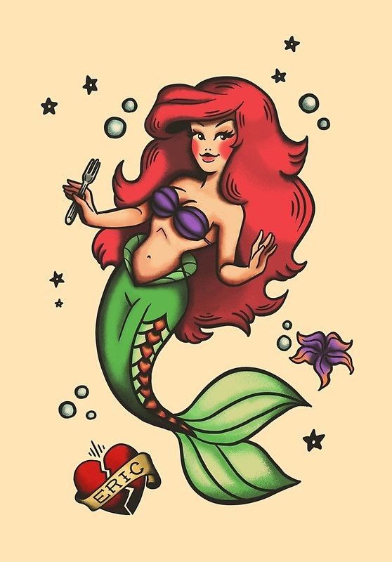 Multicolor old school style arial mermaid tattoo design