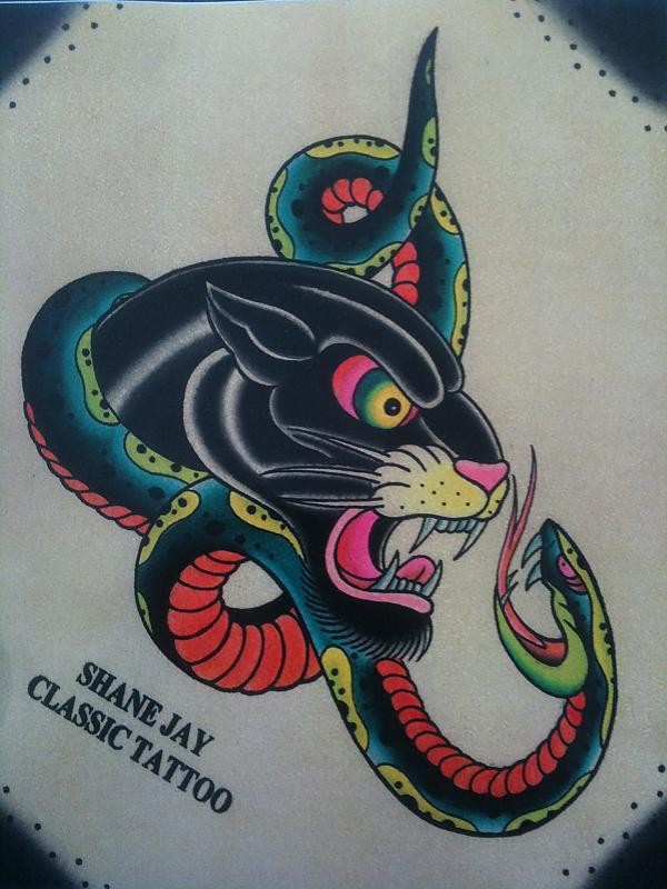 Multicolor panther head and snake tattoo design