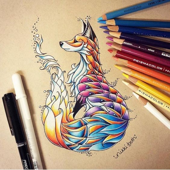 Multicolor patterned full-size fox tattoo design