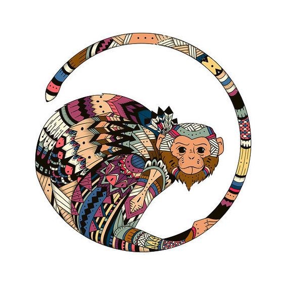 Multicolor patterned monkey with curled tail tattoo design