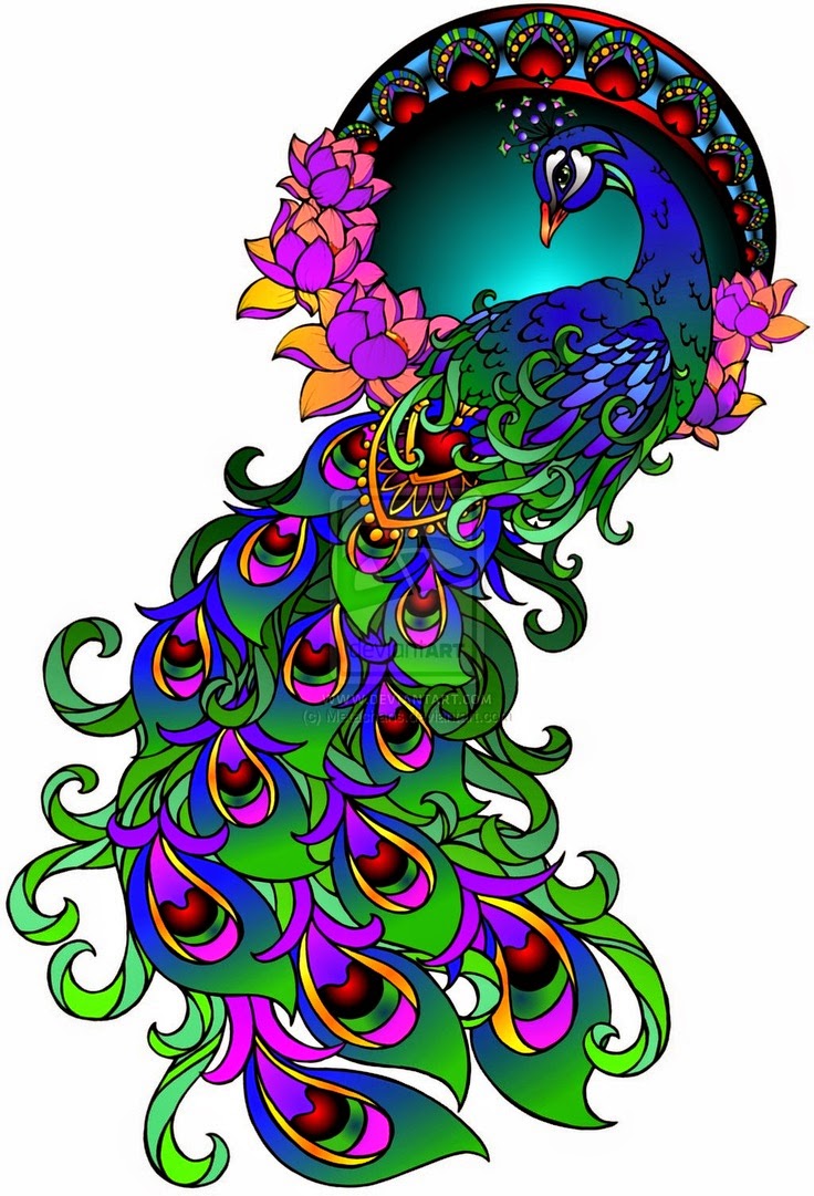 Multicolor peacock sitting on flowered wreath tattoo design