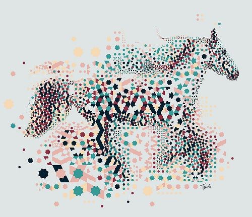 Multicolor running horse consisted of many little details tattoo design