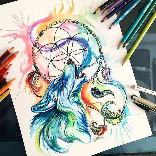 Multicolor wolf howling on dream catcher background tattoo design