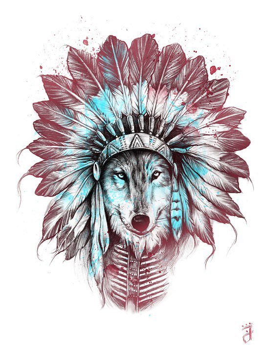 Multicolor wolf in indian featered hat tattoo design