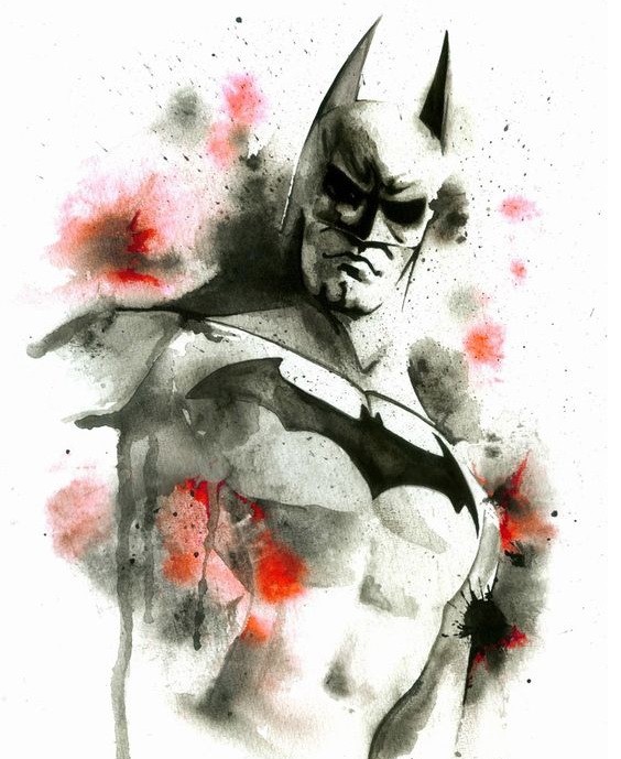 Muscular batman woth red and black watercolor spots tattoo design