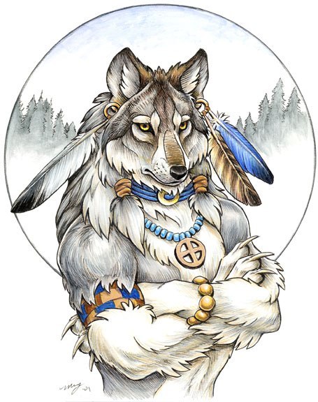 Muscular native american wolf with colorful feather decorations tattoo design