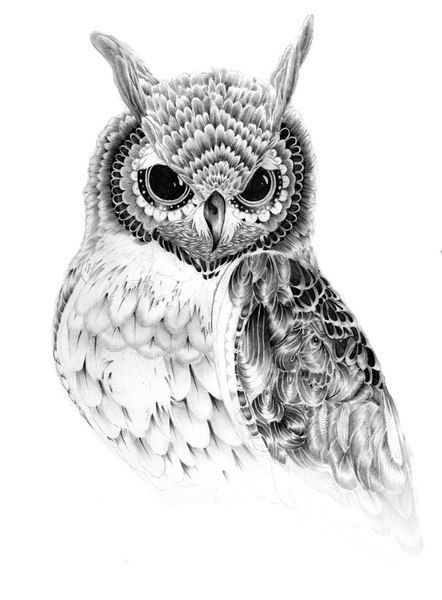 Mystic black-eyed owl portrait tattoo design
