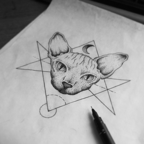 Mystic dotwork sphinx cat head in geometric drawing center tattoo design