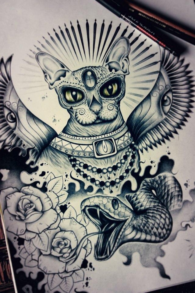 Mystic egyptian cat and snake with flowers on shining background tattoo design