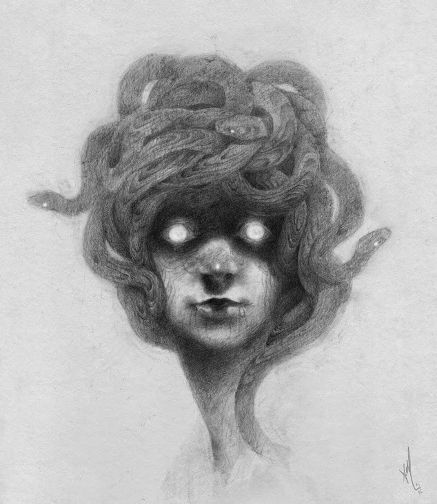 Mystic shining-eyed medusa gorgona portrait tattoo design