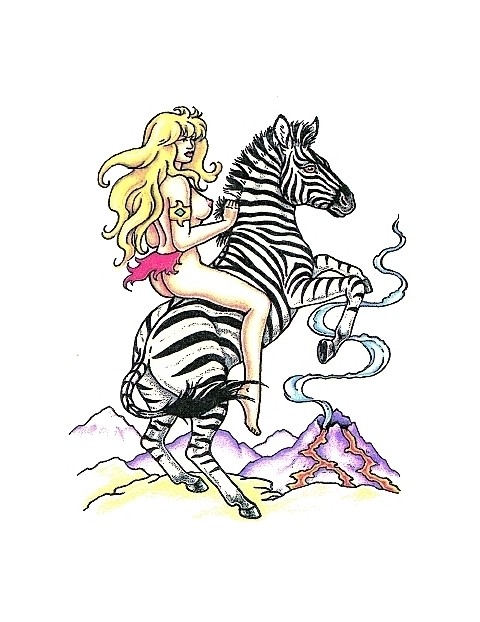 Naked blond girl riding strong zebra tattoo design