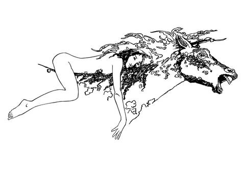 Naked girl lying on scared horse back tattoo design