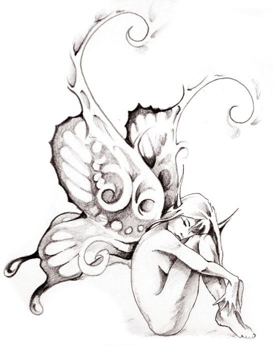 Naked sitting fairy with sharp eart and giant curled butterfly wings tattoo design