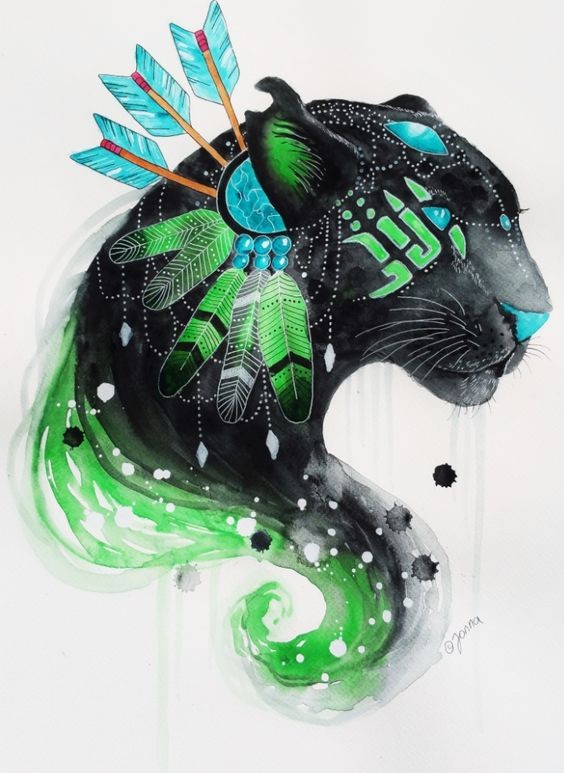 Native americal panther with arrows in blue-and-green colors tattoo design