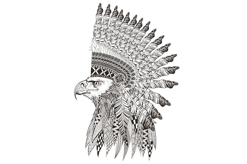 Native american eagle portrait in feathered leader hat tattoo design