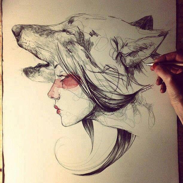 Native american girl with red face in wolf hat tattoo design