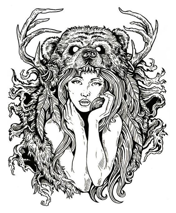 Native american gorl with horned bear on head tattoo design