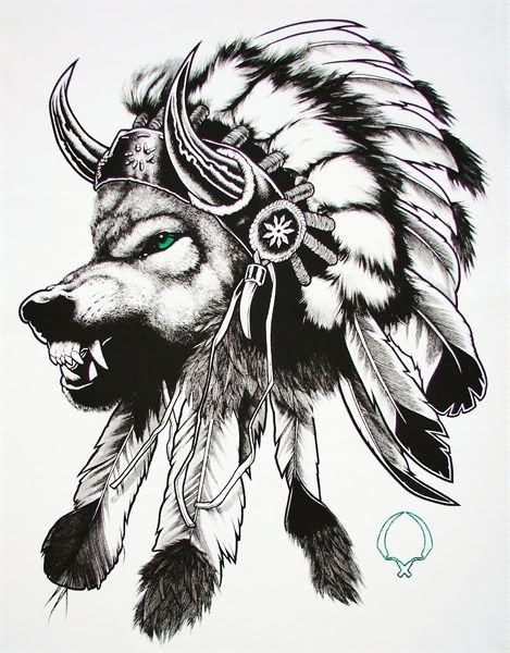 Native american green-eyed wolf in indian horned hat tattoo design