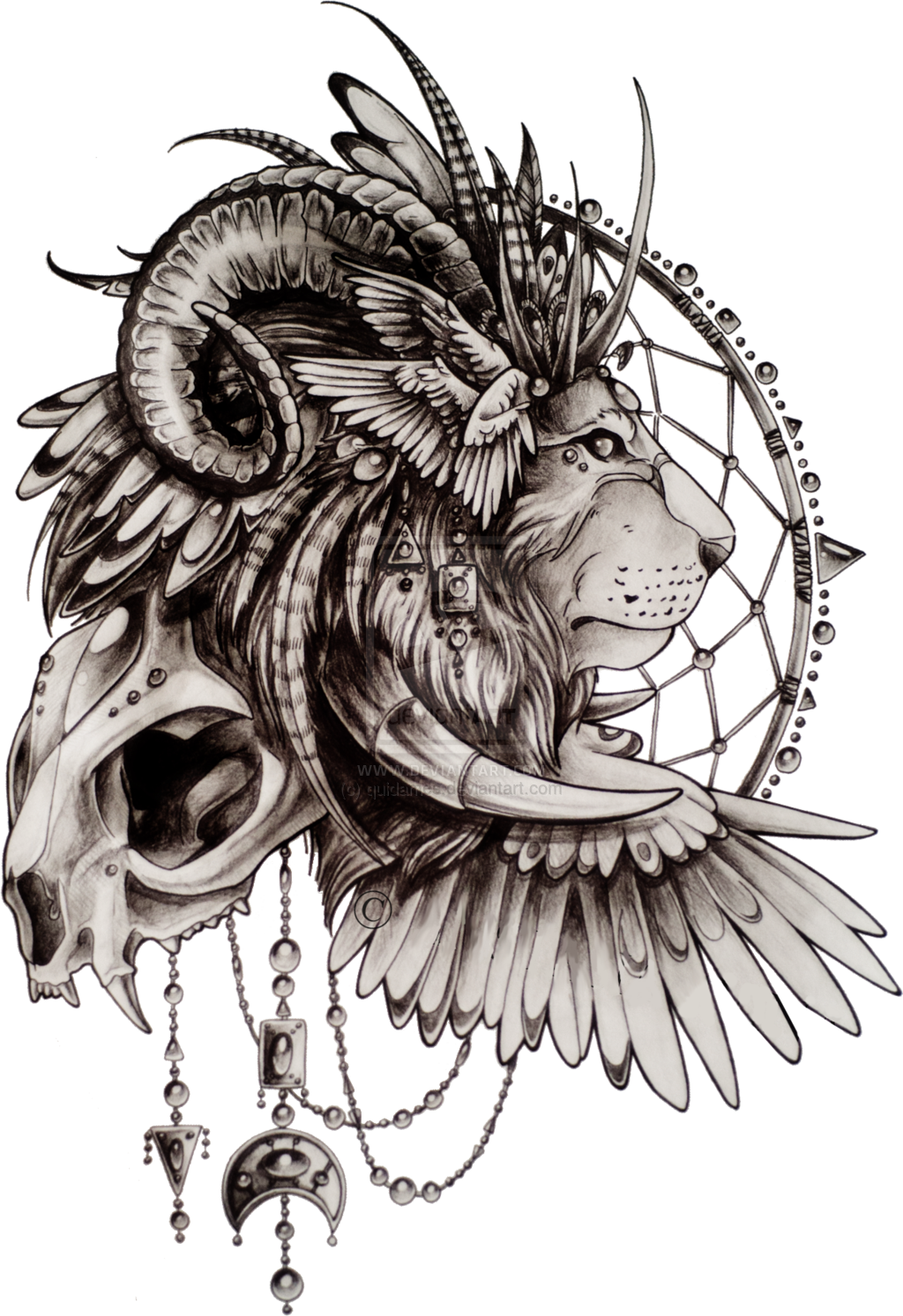 Native american lion with dream catcher and skull tattoo design