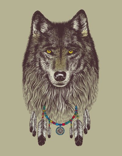 Native american wolf head in indian necklace tattoo design